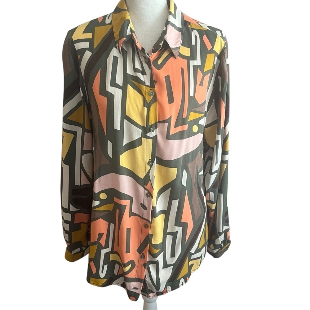 Big Dart Graphic Abstract Button Down Shirt Olive… - image 4